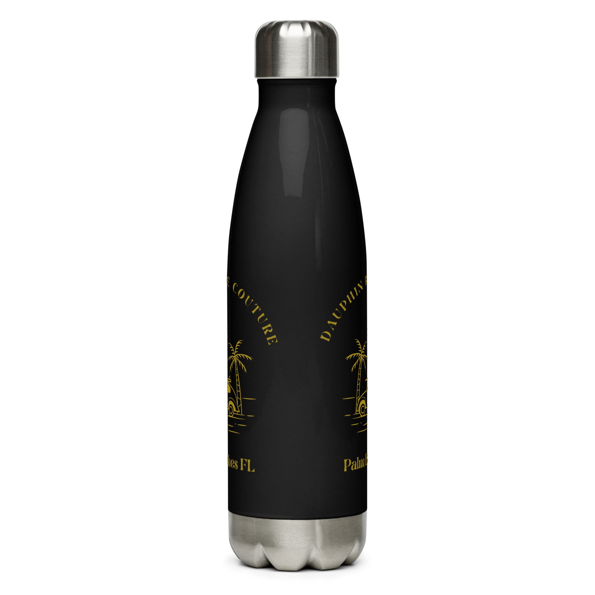 DAUPHIN_ROSE_COUTURE-stainless-steel-water-bottle-black-17oz-front-palm beaches accessory