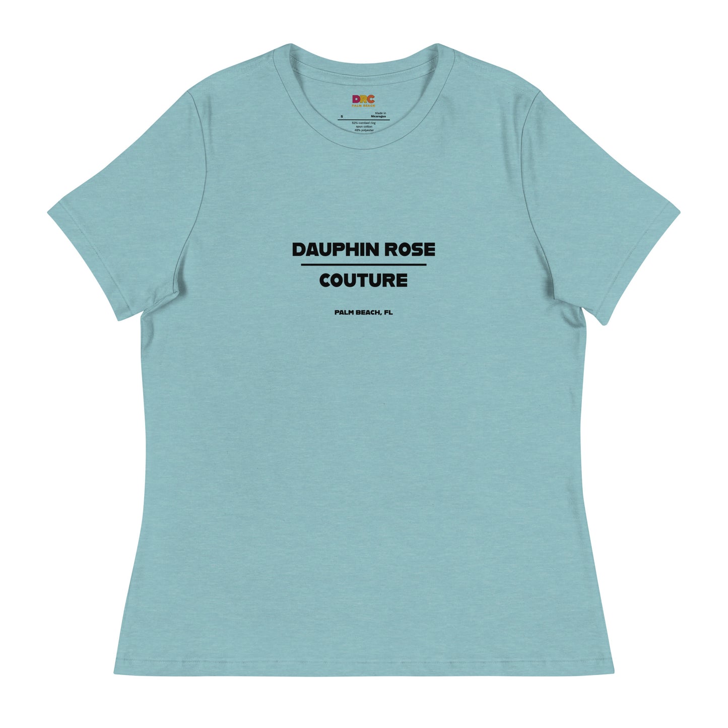 DAUPHIN_ROSE_COUTURE-womens-relaxed-t-shirt-heather-blue-lagoon-front-florida beach apparel