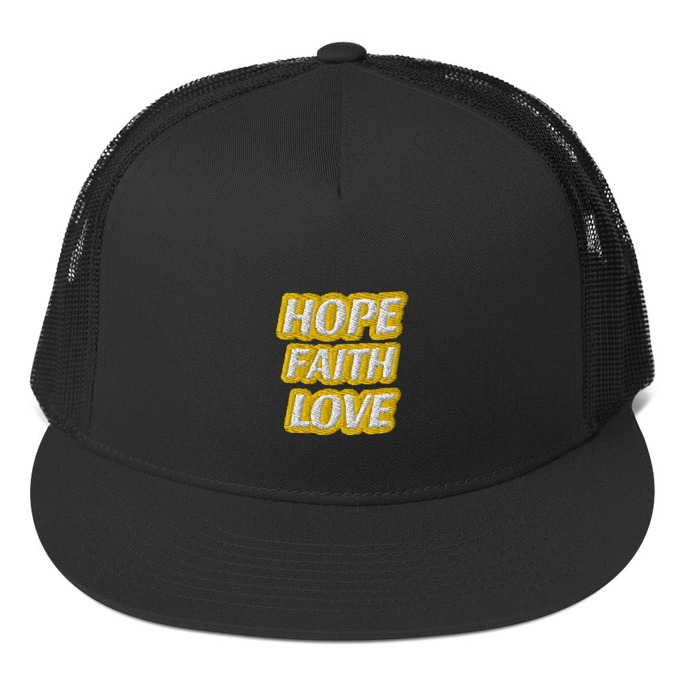 Dauphin_Rose_Couture_5-panel-trucker-cap-black-front-hope faith love