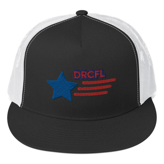 Dauphin_Rose_Couture_5-panel-trucker-cap-black-white-front-fashion for a cause