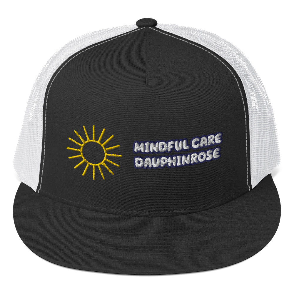 Dauphin_Rose_Couture_5-panel-trucker-cap-black-white-front-healthcare mental wellness