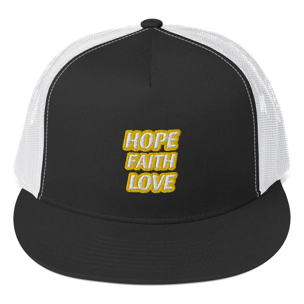 Dauphin_Rose_Couture_5-panel-trucker-cap-black-white-front-hope faith love