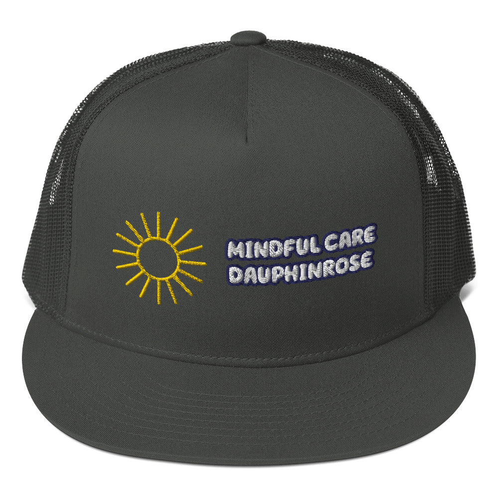 Dauphin_Rose_Couture_5-panel-trucker-cap-charcoal-front-healthcare mental wellness