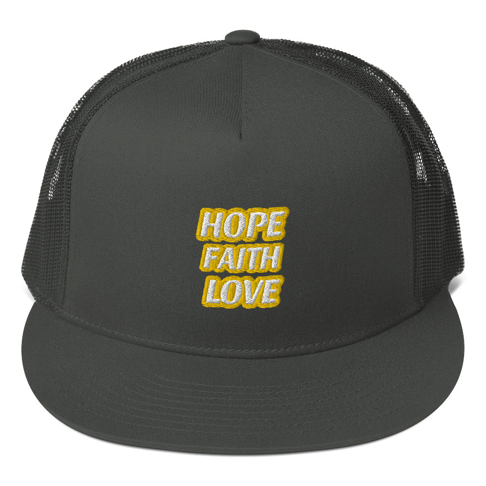 Dauphin_Rose_Couture_5-panel-trucker-cap-charcoal-front-hope faith love