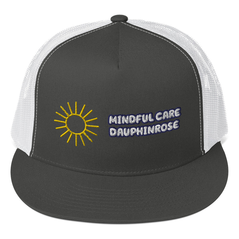 Dauphin_Rose_Couture_5-panel-trucker-cap-charcoal-white-front-healthcare mental wellness