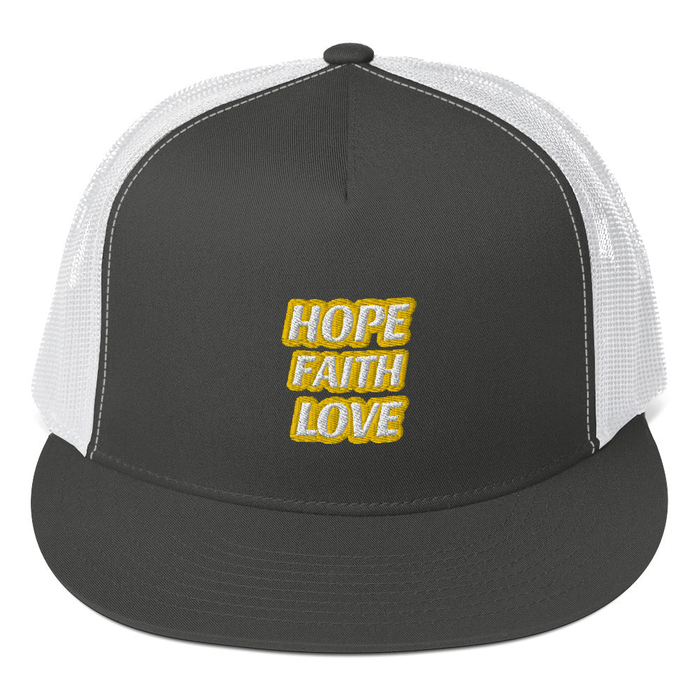 Dauphin_Rose_Couture_5-panel-trucker-cap-charcoal-white-front-hope faith love