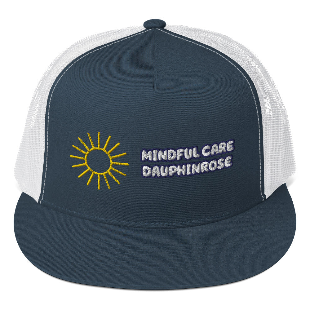 Dauphin_Rose_Couture_5-panel-trucker-cap-navy-white-front-healthcare mental wellness