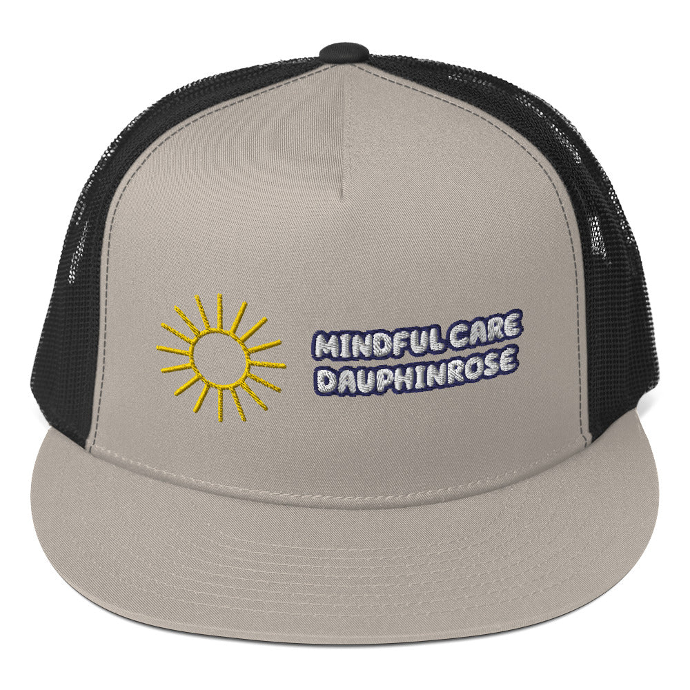 Dauphin_Rose_Couture_5-panel-trucker-cap-silver-black-front-healthcare mental wellness