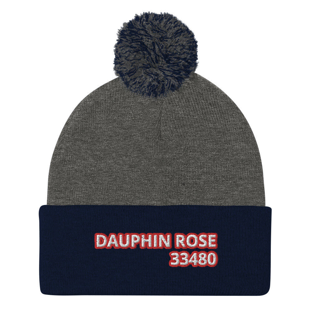 Dauphin_Rose_Couture_pom-pom-knit-cap-dark-heather-grey-navy-front-palm beach 33480