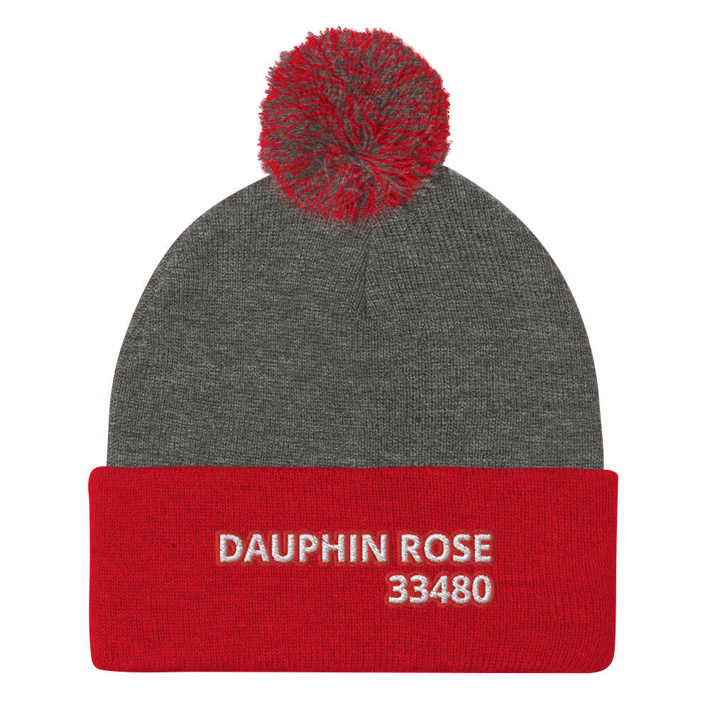 Dauphin_Rose_Couture_pom-pom-knit-cap-dark-heather-grey-red-front-33480 palm beach