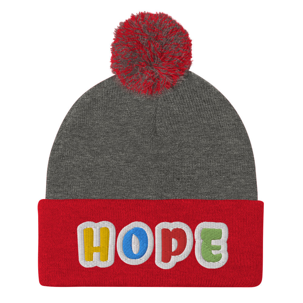 Dauphin_Rose_Couture_pom-pom-knit-cap-dark-heather-grey-red-front-breast cancer awareness