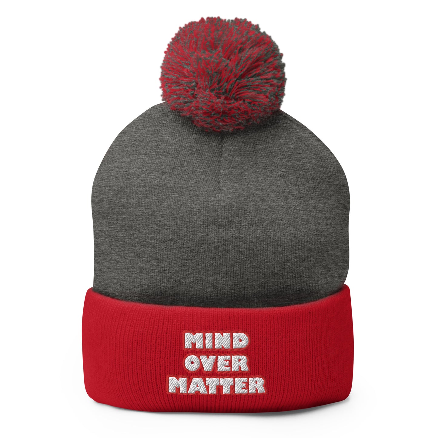 Dauphin_Rose_Couture_pom-pom-knit-cap-dark-heather-grey-red-front-mental wellness matters