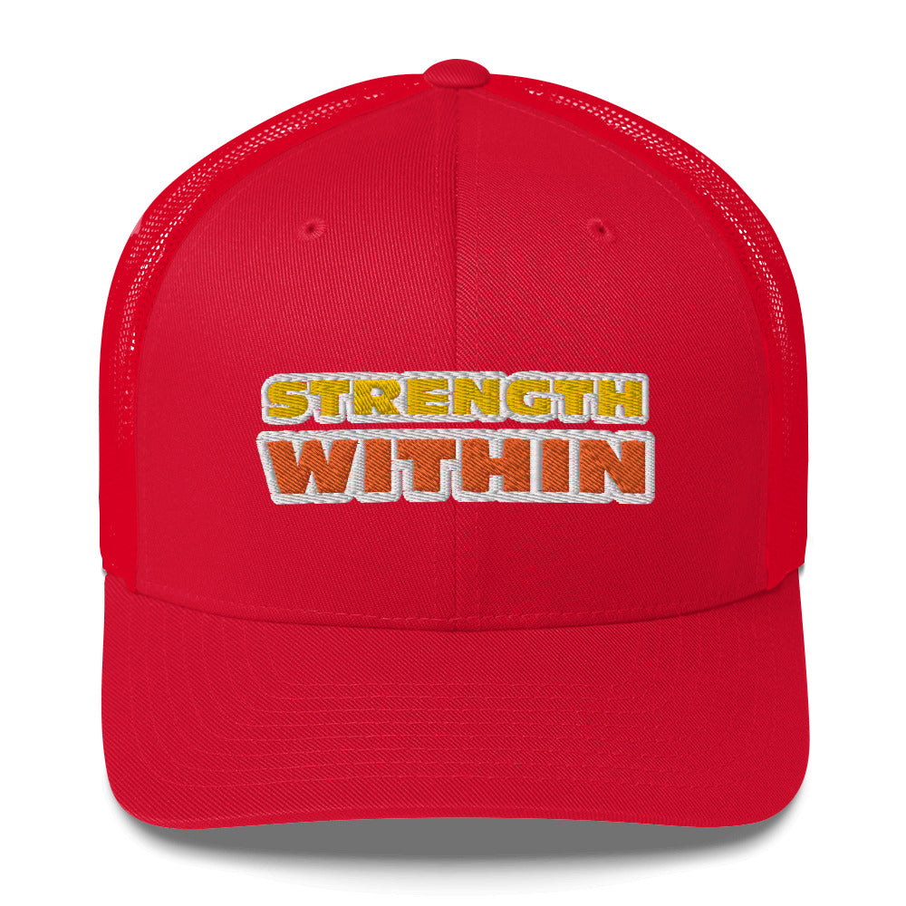 Dauphin_Rose_Couture_retro-trucker-hat-red-front-strength within