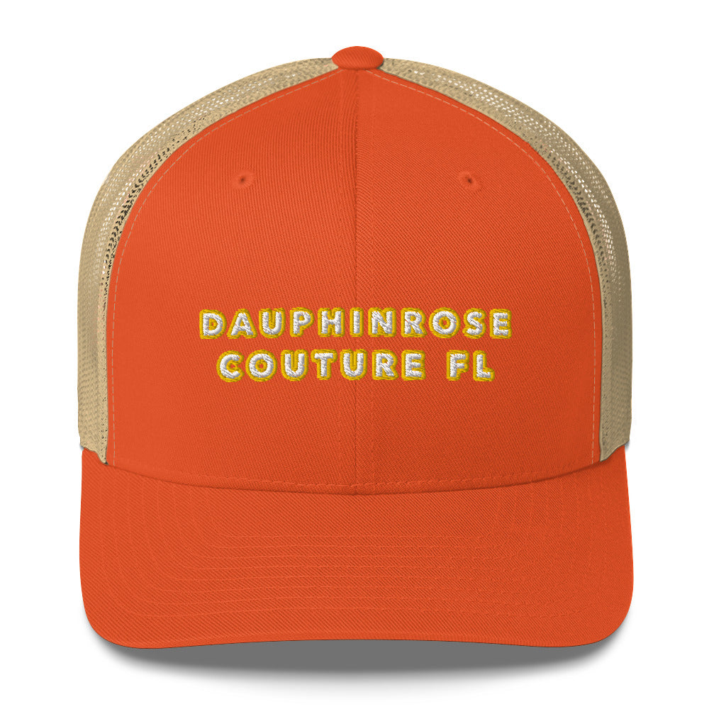 Dauphin_Rose_Couture_retro-trucker-hat-rustic-orange-khaki-front-florida vibes