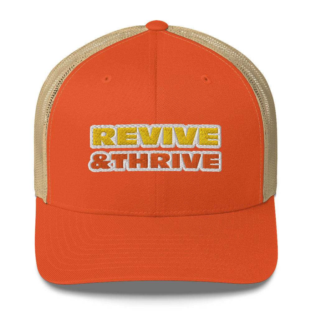 Dauphin_Rose_Couture_retro-trucker-hat-rustic-orange-khaki-front-revive and thrive