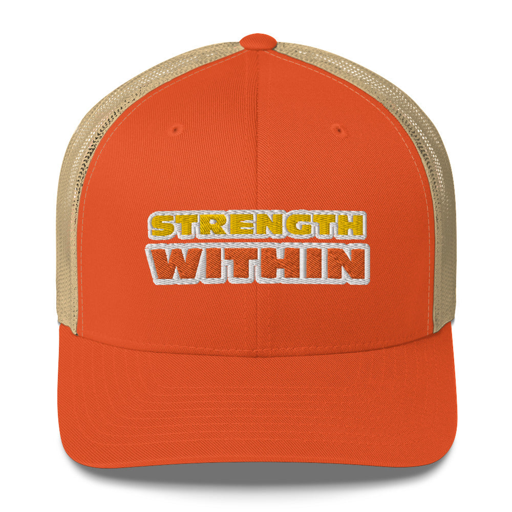 Dauphin_Rose_Couture_retro-trucker-hat-rustic-orange-khaki-front-strength within